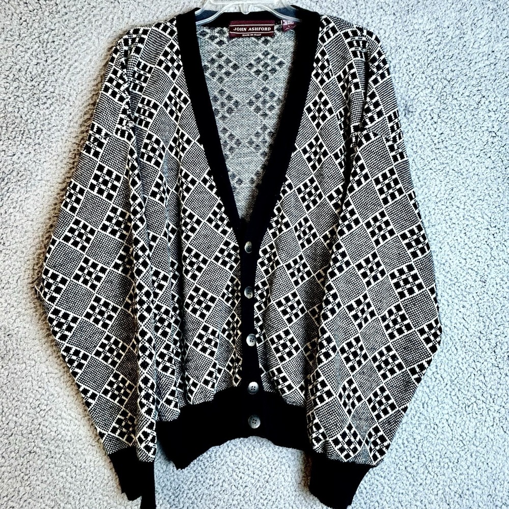 Vintage John Ashford Cardigan 80s Italian Wool Blend Kurt Cobain Sweater Large